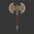 Ornate Double Bladed Axe Weapon With Golden Patterns Blue Gemstone And Brown Handle