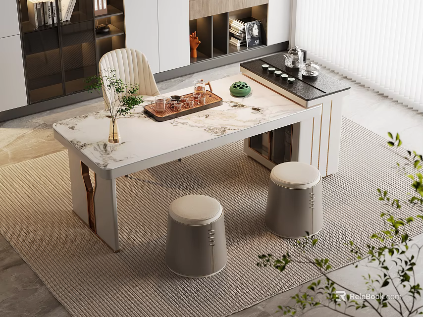 Elegant Modern Tea Table With Marble Top And Stools And Tea Set Decor 3d model