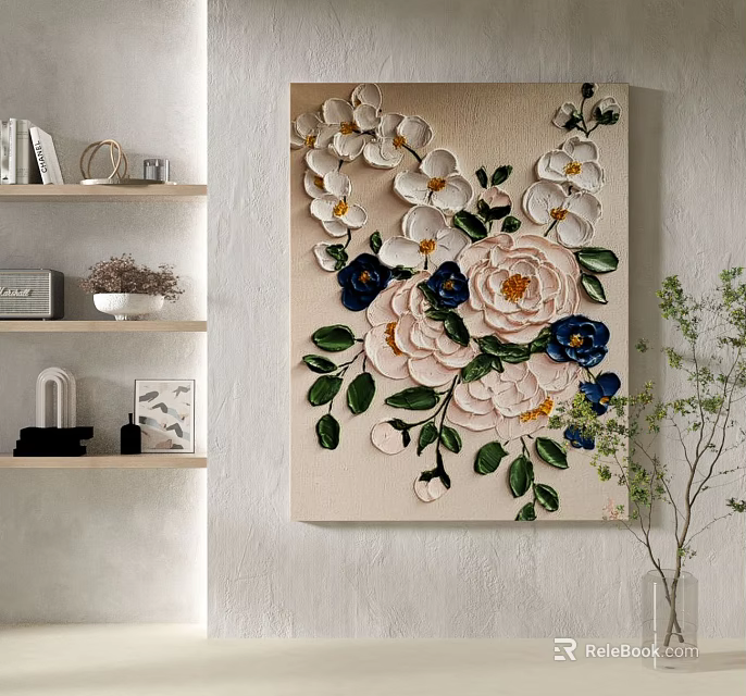 Textured Botanical Painting With White Pink Blue Flowers Green Leaves On Beige Canvas Wall Art 3d model 