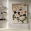 Textured Botanical Painting With White Pink Blue Flowers Green Leaves On Beige Canvas Wall Art