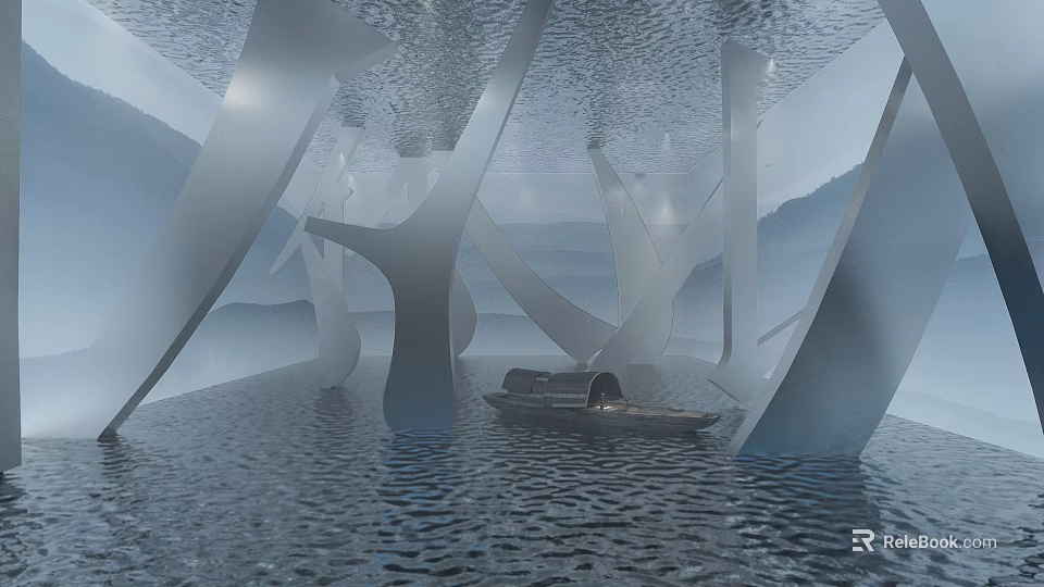 Modern Artistic Water Exhibition Hall With Abstract Curved Structures Small Boat And Misty Distant Mountains 3d model 