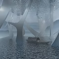 Modern Artistic Water Exhibition Hall With Abstract Curved Structures Small Boat And Misty Distant Mountains