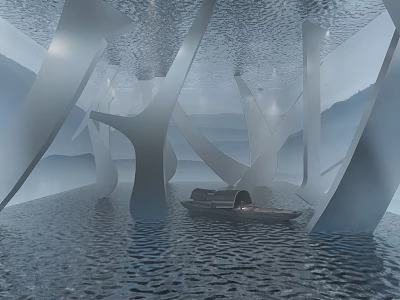 Modern Artistic Water Exhibition Hall With Abstract Curved Structures Small Boat And Misty Distant Mountains 3d model