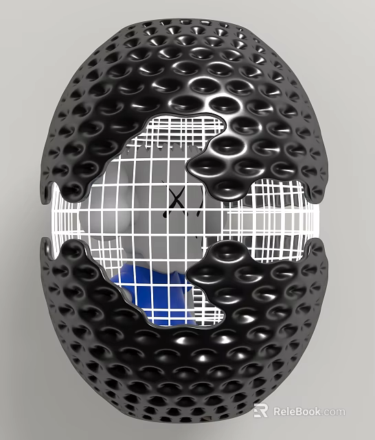 Black Oval Shaped Decorative Ornament Set With Circular Protrusions White Grid And Blue Interior 3d model 