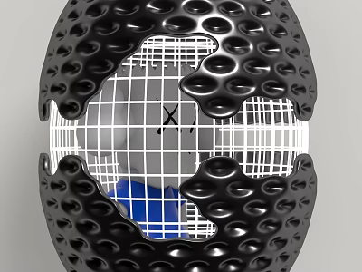 Black Oval Shaped Decorative Ornament Set With Circular Protrusions White Grid And Blue Interior 3d model
