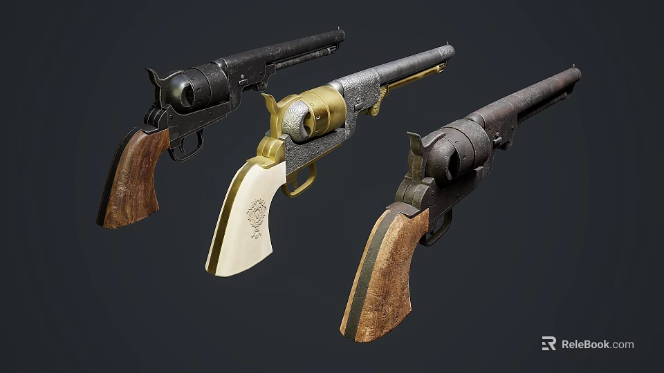 Vintage Revolver Weapons Collection With Wooden Grips And Metal Frames 3d model 