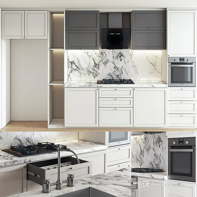 Modern Kitchen Interior With White And Gray Cabinets Marble Countertop Appliances 3d model 
