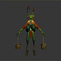 Green Insectoid Fantasy Character With Red Green Attire Holding Baskets And Antennas On Head