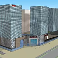 Modern Commercial Complex With High Rise Glass Curtain Wall Buildings And Retail Entrance