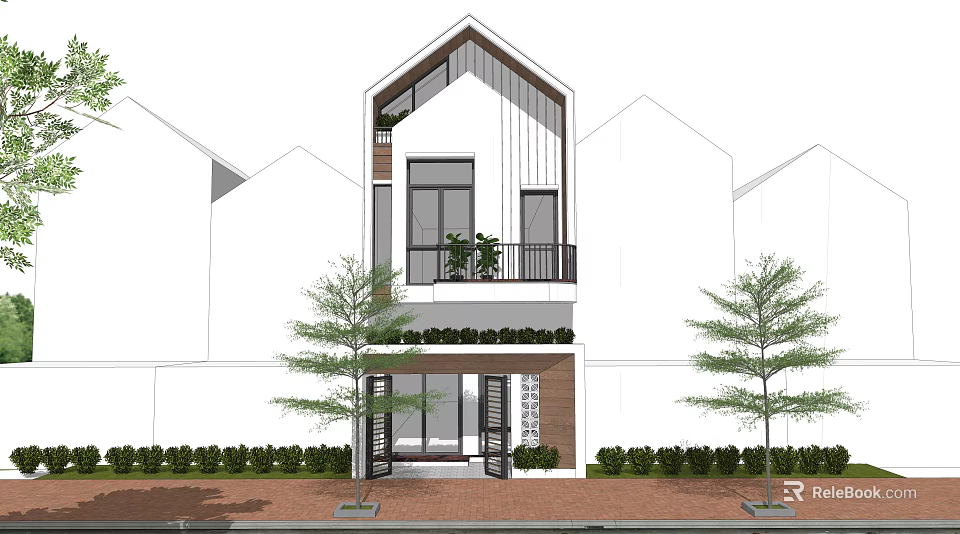 Modern Detached Villa Exterior With Two Story Balcony Front Door And Lush Greenery 3d model 