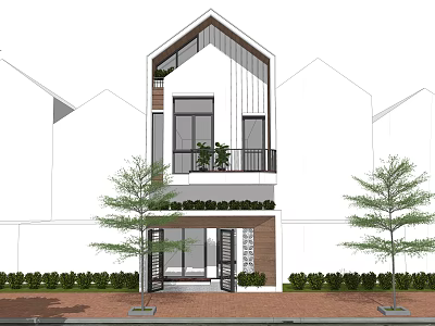 Modern Detached Villa Exterior With Two Story Balcony Front Door And Lush Greenery 3d model