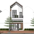 Modern Detached Villa Exterior With Two Story Balcony Front Door And Lush Greenery