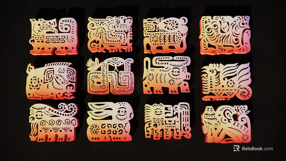 Colorful Traditional Decorative Pendants Featuring Intricate Patterned Animal Designs 3d model 