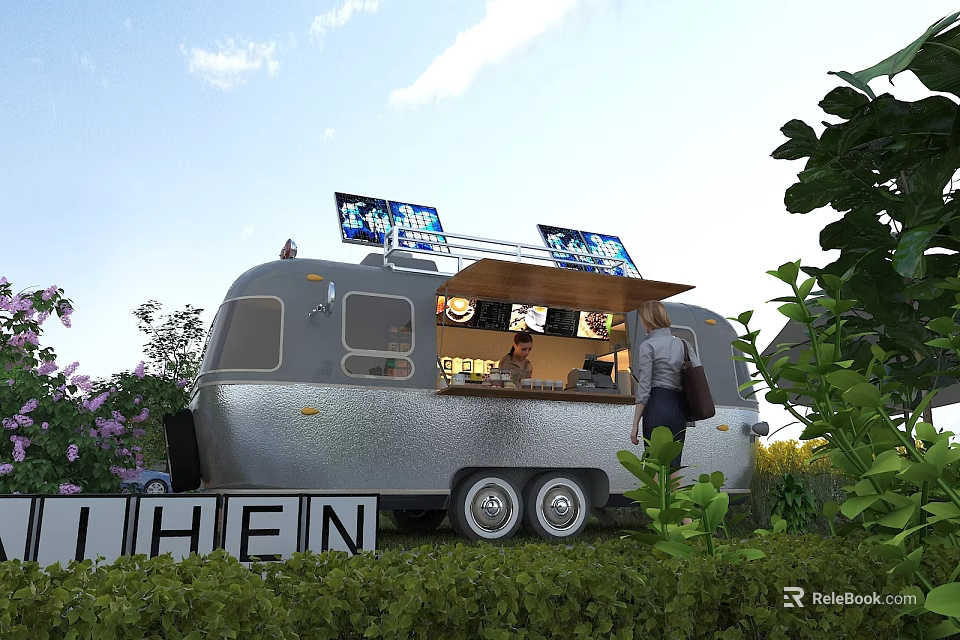 Charming Garden Decor Featuring Silver Vintage Trailer Blue Signs Green Shrubs And Flowers 3d model 