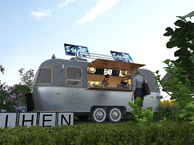 Charming Garden Decor Featuring Silver Vintage Trailer Blue Signs Green Shrubs And Flowers 3d model