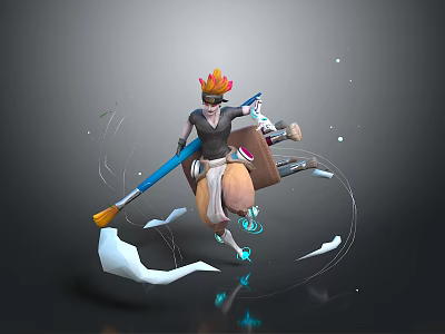 Flame Haired Character Carrying Backpack Box With Blue Broom Cloud Like Decorations Against Dark Background 3d model