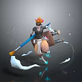 Flame Haired Character Carrying Backpack Box With Blue Broom Cloud Like Decorations Against Dark Background