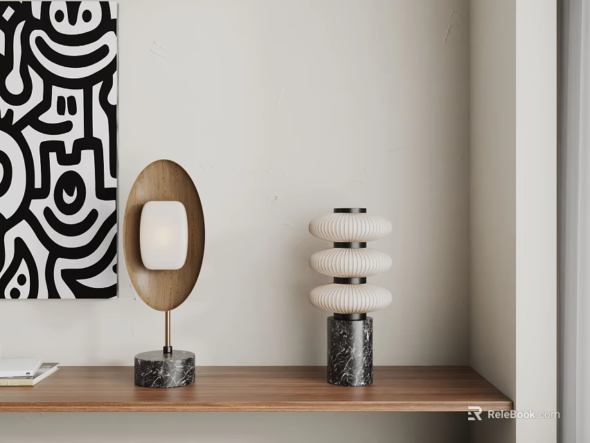 Modern Table Lamps with Wooden Base and Multi Layer White Shades on Wooden Shelf 3d model 