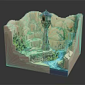 Intricate Terrain Model Featuring Central Tower Waterfalls Flowing River And Green Vegetation