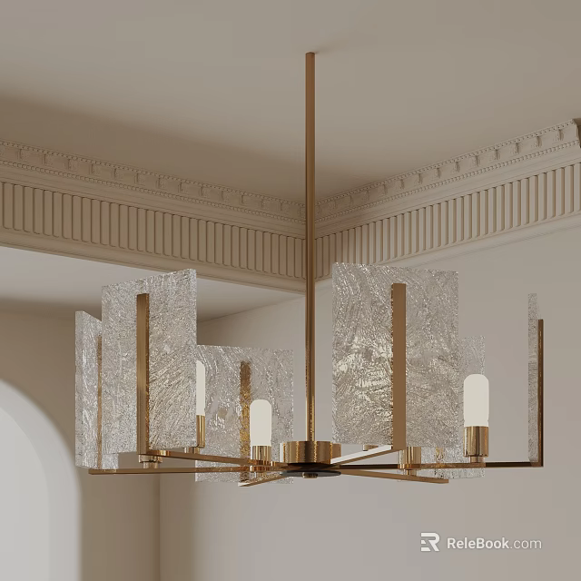 Elegant Gold Frame Chandelier With Textured Glass Shades In Classical Interior 3d model 