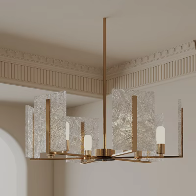 Elegant Gold Frame Chandelier With Textured Glass Shades In Classical Interior 3d model