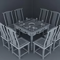 Chinese Style Wooden Square Dining Table Set With Six Chairs And Tableware 3d model