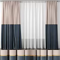 Two Tone Pink And Navy Blue Curtains With White Sheer Curtain In The Middle
