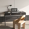 Modern Minimalist Desk With Black Surface Metal Frame Laptop Lamp And Wooden Chair