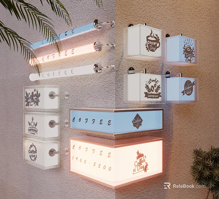 Roadside Facilities With Neon Illuminated Signs Decorative Lighting And Plants 3d model 