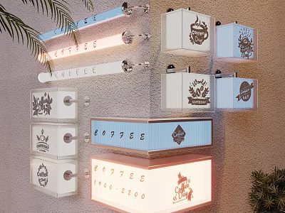 Roadside Facilities With Neon Illuminated Signs Decorative Lighting And Plants 3d model