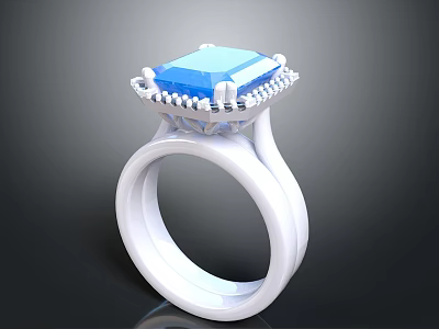 Elegant White Ring With Blue Square Gemstone And Decorative Setting 3d model