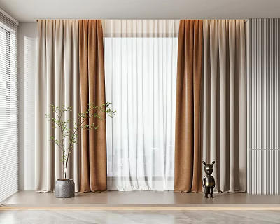 Brown Beige And White Modern Curtains With Sheer Layer For Window Interior 3d model