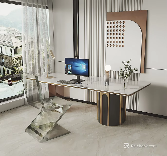 Modern Desk With Marble Top Metal Frame Computer Monitor Keyboard Figurine Plant And Decorative Wall 3d model 