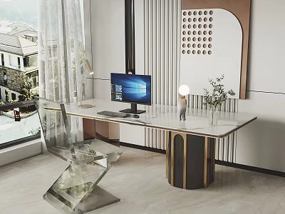 Modern Desk With Marble Top Metal Frame Computer Monitor Keyboard Figurine Plant And Decorative Wall 3d model