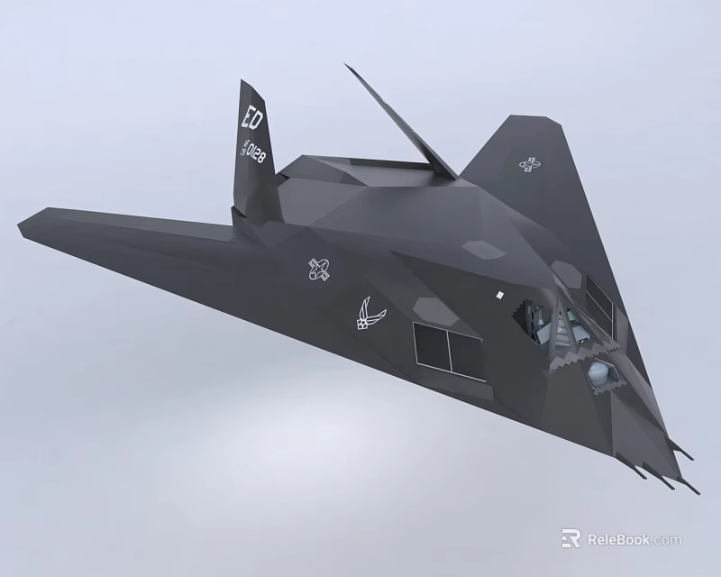 Black Stealth Fighter Jet with Unique Aerodynamic Design and Military Insignia 3d model 