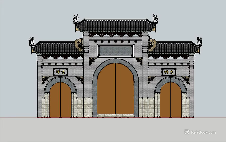 Traditional Chinese Entrance Gate With Ornate Roof And Three Arched Brown Wooden Doors 3d model 