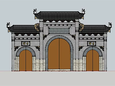 Traditional Chinese Entrance Gate With Ornate Roof And Three Arched Brown Wooden Doors 3d model