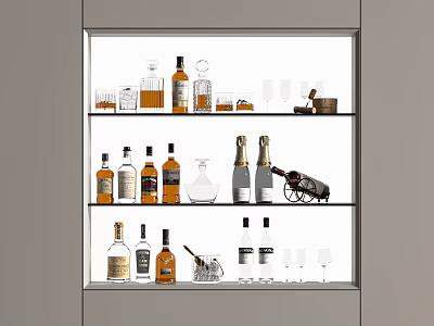Home Bar Display Cabinet With Multiple Shelves Of Wine Bottles And Glasses 3d model