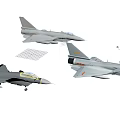 Three Military Fighter Jets Flying in Formation Against Clear Sky