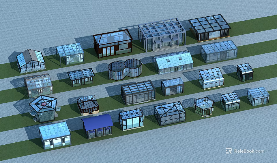 Various Glass Roof Building Models Arranged on Green Grass with Different Designs in Aerial View 3d model 