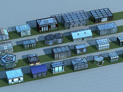 Various Glass Roof Building Models Arranged on Green Grass with Different Designs in Aerial View 3d model