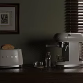 SMEG Kitchen Appliances Toaster And Coffee Machine On Wooden Countertop With Green Wall Background