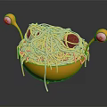 Cartoon Monster Shaped Spaghetti Noodles in Yellow Bowl with Googly Eyes and Red Tomato Pieces