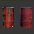 Two Old Red Rusted Worn Metal Industrial Drums With Damaged Surfaces