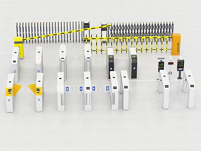 Public Facilities With White Automatic Turnstiles Metal Railings And Yellow Warning Strips 3d model