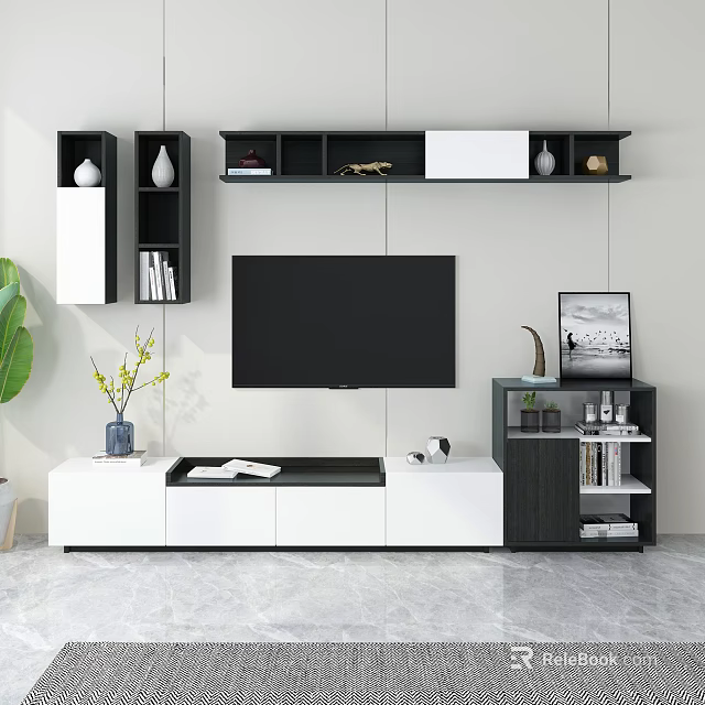 Modern TV Wall Unit with White Black Design Open Shelves Decorative Items and Green Plant 3d model 