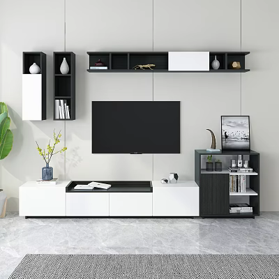 Modern TV Wall Unit with White Black Design Open Shelves Decorative Items and Green Plant 3d model