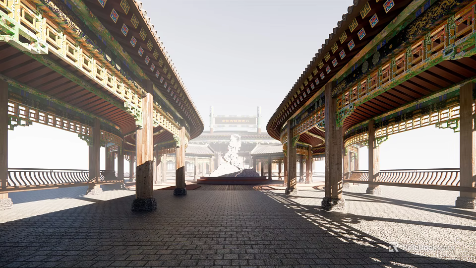 Traditional Architectural Corridor With Carved Wooden Beams Tile Floor And Ancient Palace View 3d model 