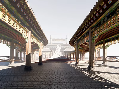 Traditional Architectural Corridor With Carved Wooden Beams Tile Floor And Ancient Palace View 3d model