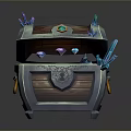 Vintage Open Jewelry Storage Chest With Gold Coins Gemstones And Crystal Details